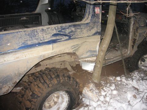 1979 Ford Bronco - This 1979 Ford Bronco is stuck in mud and snow, with a tree growing through the passenger side.