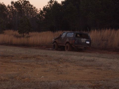 1988 Ford Bronco - This 1988 Ford Bronco is stuck in the mud, surrounded by dry grass and trees.
