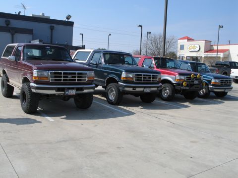 1995 Ford Bronco - A lineup of lifted Ford trucks and Broncos are parked in a lot under a clear blue sky.
