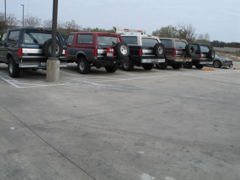 1995 Ford Bronco - Several Ford Broncos are parked in a lot, with a silver car visible in the distance.