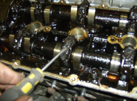 1996 Ford Probe - Engine camshafts are heavily coated in dark, sludgy oil, obscuring their details.