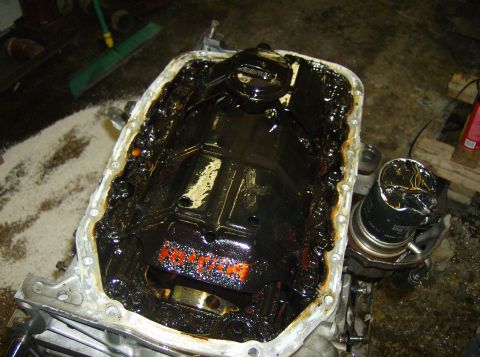 1996 Ford Probe - This engine oil pan is heavily sludged, indicating potential maintenance issues. A damaged oil filter is also visible.