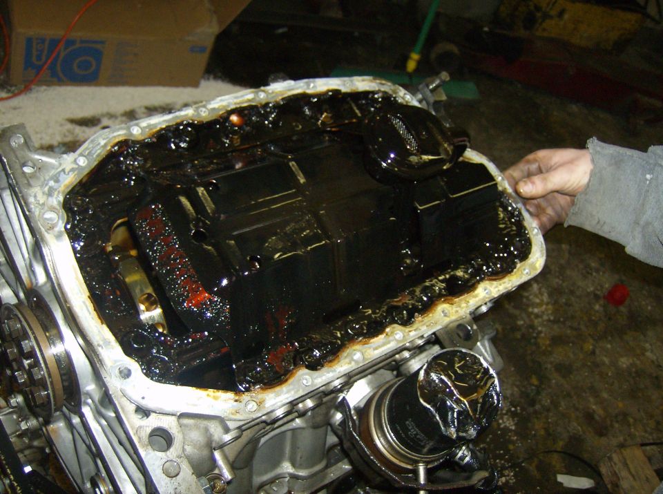 Engine oil pan removed, showing heavy sludge buildup inside. A hand is visible on the right edge