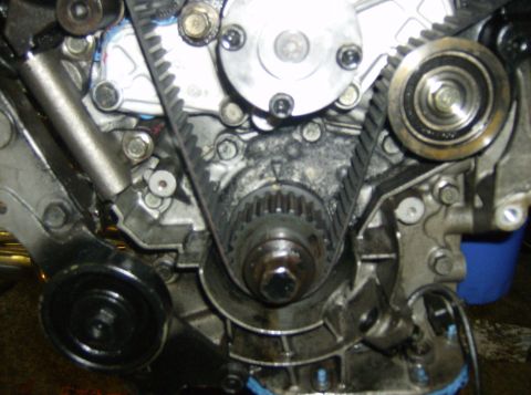 1996 Ford Probe - Engine timing belt system with gears and pulleys visible.
