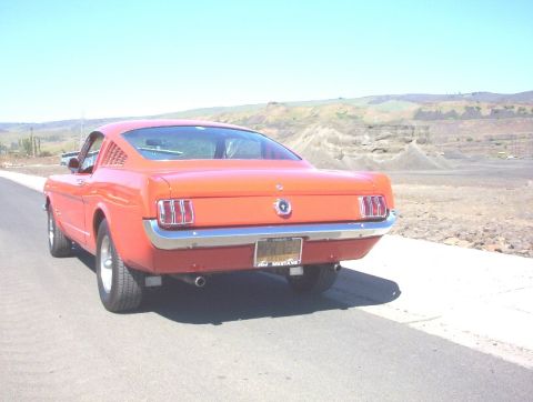 1965 Ford Mustang - Rear view of an orange 1965 Ford Mustang fastback parked on the side of a road with a desert landscape in the background.
