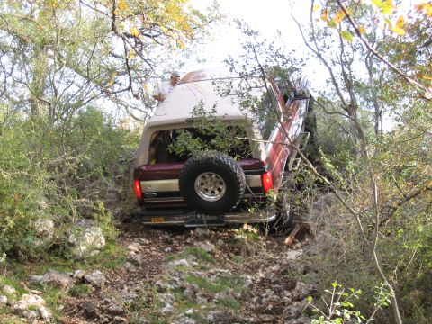 1996 Ford Bronco - A 1996 Ford Bronco is seen off-roading on a rough, tree-lined path.