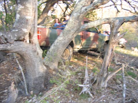 1996 Ford Bronco - A camouflage pickup truck navigates a wooded area with two passengers in the truck bed.