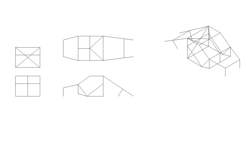 Orthographic and 3D wireframe line drawings of a vehicle body structure