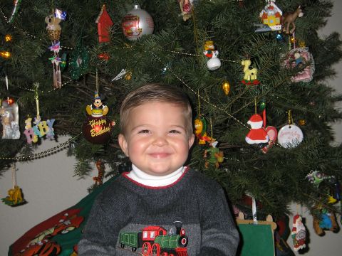 2002 Ford Taurus - A young child poses for a photo in front of a Christmas tree adorned with various ornaments and lights.