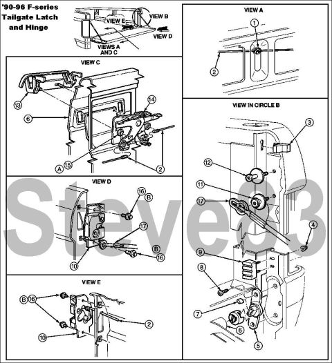 1983 Ford Bronco - Pickup Tailgate Latch & Hinge IF THE IMAGE IS TOO SMALL, click it. 1 Clip 382929-S 2 Link 43868 3 Bumper 44482 4 Nut (11mm) and Washer Asse…