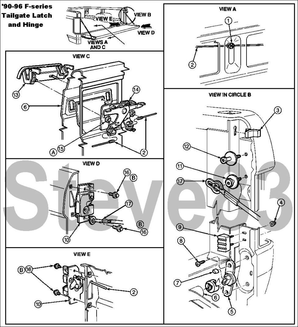 Diagram of 90-96 F-series tailgate latch and hinge assembly