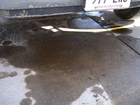 1992 Ford Bronco - A puddle of dark fluid is visible on the concrete, with a tire and license plate in the background.