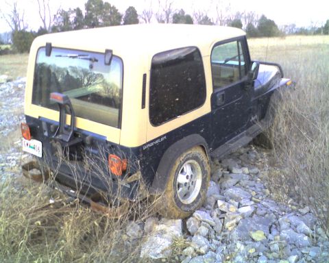 1995 Ford Bronco - This Jeep Wrangler is partially stuck in a rocky, grassy area with dry brush.