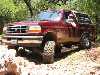 1996 Ford Bronco - A red Ford Bronco navigates a rocky, dirt path surrounded by trees.