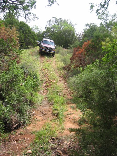 1996 Ford Bronco - Two vehicles navigate a steep, overgrown dirt path through a wooded area.