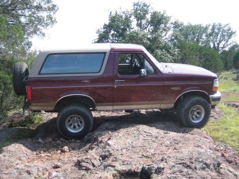 1996 Ford Bronco - 1996 Ford Bronco navigating a rocky trail with trees in the background.