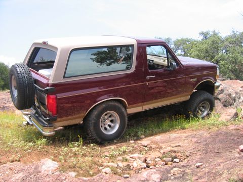 1996 Ford Bronco - This 1996 Ford Bronco is shown off-road, with its spare tire mounted externally on the rear.