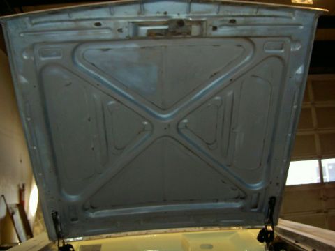 1967 Ford Ranchero - The underside of the hood reveals its internal structure and bracing.