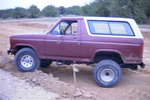 1980 Ford Bronco - A maroon 1980 Ford Bronco with a white top is shown on a dirt track.