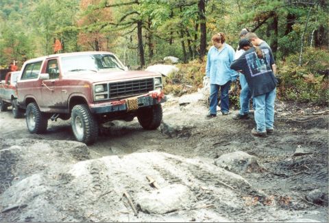 1980 Ford Bronco - A red Ford Bronco is shown off-roading with a group of people observing the action.