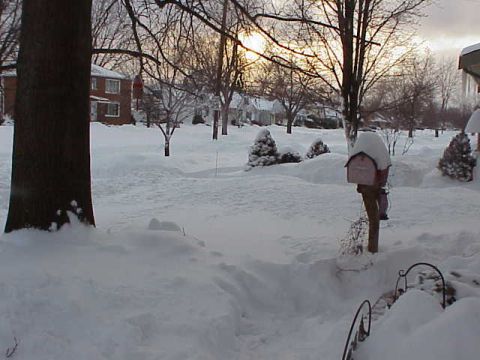 1993 Ford Bronco - A heavy snowfall blankets a residential area, obscuring roads and yards under a thick layer of white.