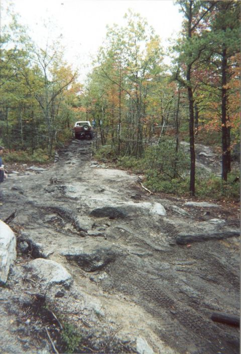 1980 Ford Bronco - A 1980 Ford Bronco navigates a challenging, rocky off-road path through a forest.