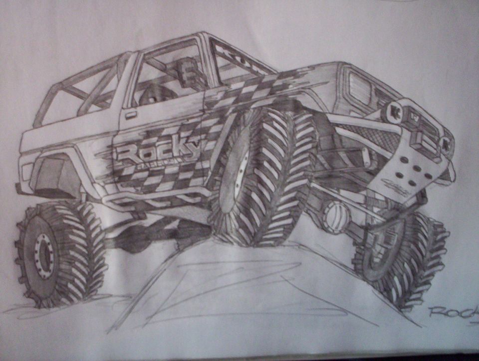 Pencil sketch of a lifted off-road SUV with big tires, roll cage and 'Rocky' graphics.