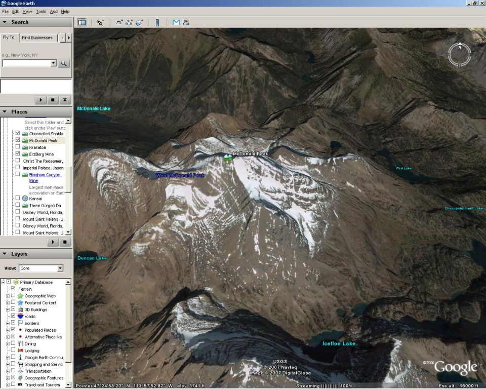 I'd love to TRY to drive from McDonald Lake (top L) around the N side of the mountain, come up thru the lakes on the E, into the pass on the S, & up to the peak.