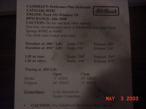 1980 Ford Bronco - This document lists specifications for an Edelbrock Performer-Plus Hydraulic camshaft, catalog #2182, for a Ford 351-Windsor V8 engine.