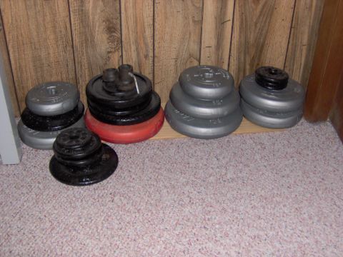 1996 Chevrolet Cavalier - Various weight plates are stacked on a carpeted floor and a wooden shelf against a wood-paneled wall.