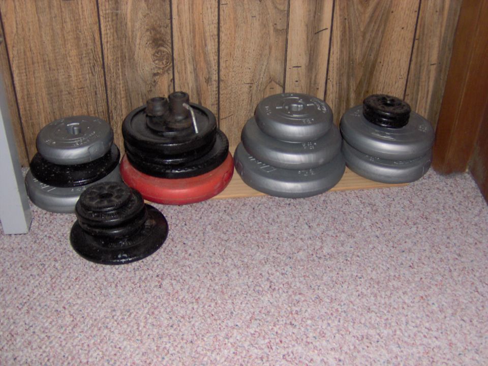 Stacks of weight plates, some silver, some black, on carpet and wood shelf
