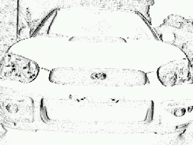 Front head-on view of a sedan in a sketch-style high-contrast image