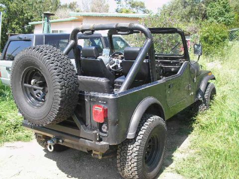 1990 Ford Bronco - Rear three-quarter view of a black open-top Jeep CJ with roll bar and tailgate-mounted spare tire, parked on a grassy path.