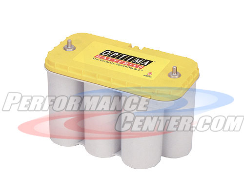 Yellow Optima battery with black terminals and a yellow lid with red Optima logo