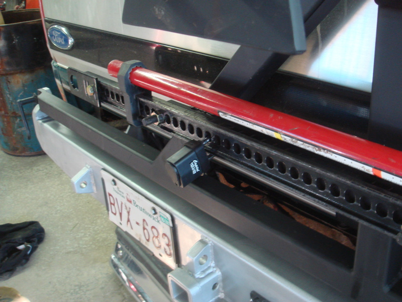 Rear bumper with hi-lift jack mounted and New Brunswick license plate BVX-683