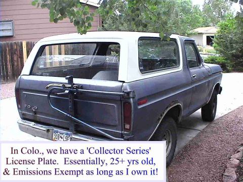 1978 Ford Bronco - This 1978 Ford Bronco is shown from the rear, a spare tire carrier mounted on the tailgate.