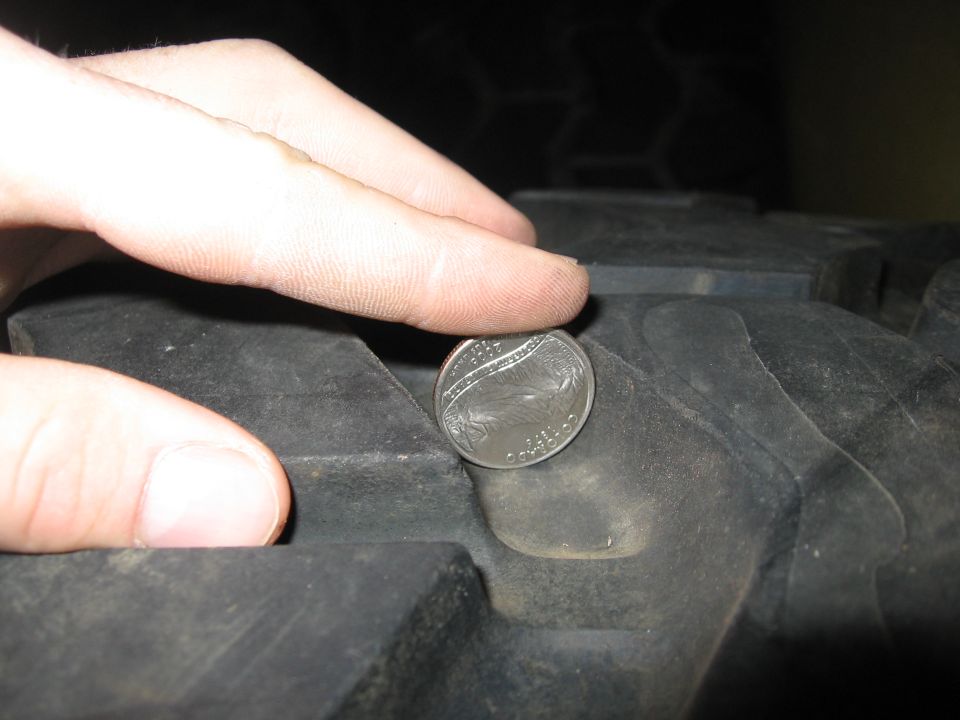Hand holding a coin to show tire tread depth