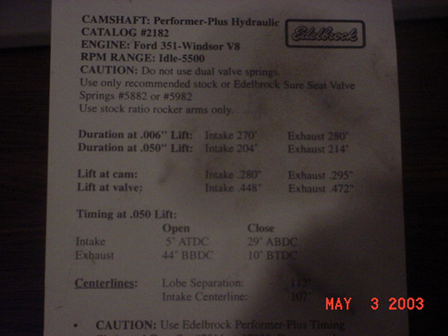 eng cam specs for my 351w