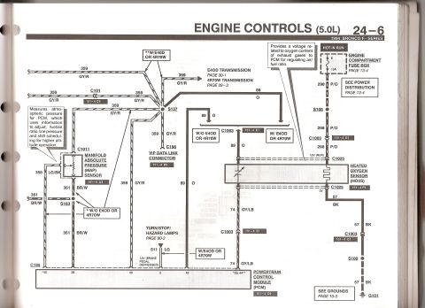 1994 Ford Bronco - Ford 1994 Bronco/F-Series 5.0L engine controls wiring diagram showing PCM, MAP sensor, oxygen sensor and color-coded circuits.