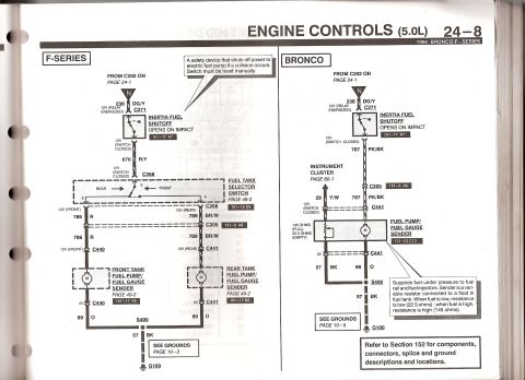 1994 Ford Bronco - Ford 1994 Bronco/F-Series 5.0L engine-controls schematic (24-8): inertia fuel shutoff switch, fuel tank selector, front/rear fuel pumps and…