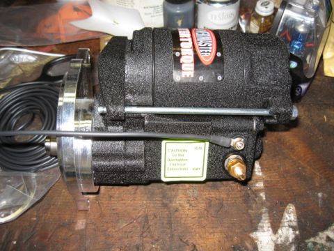 1968 Shelby GT500 - Close-up of a PowerTorque starter motor, showing its labeling and electrical connections.
