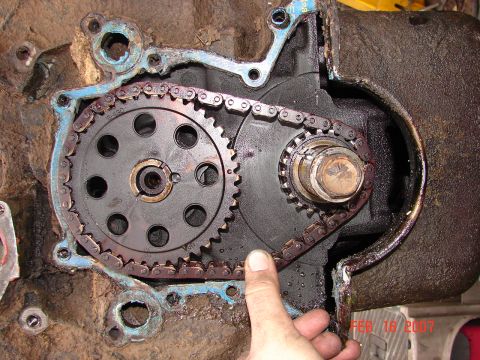 1987 Ford Bronco - Engine timing chain and gears assembly, part of an engine rebuild.