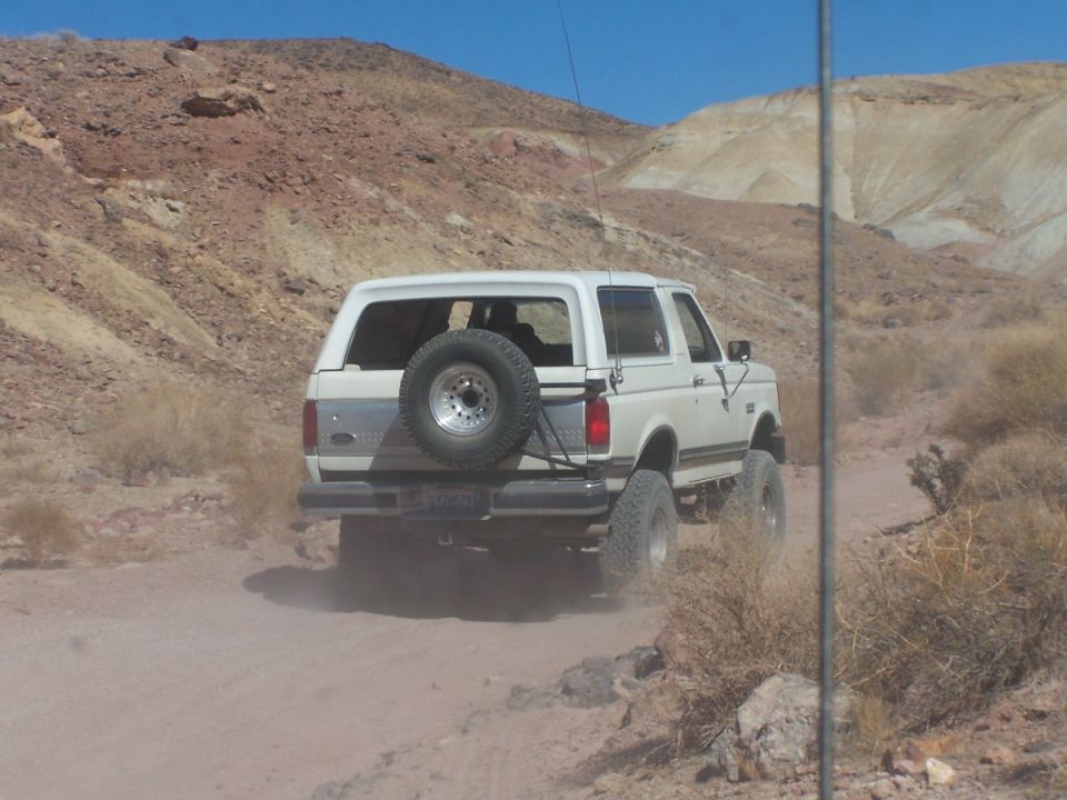 White Ford Bronco with rear tire carrier on a desert trail