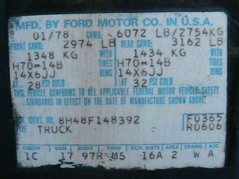 1973 Ford Ranchero - Ford VIN sticker with manufacturing date and vehicle identification number.