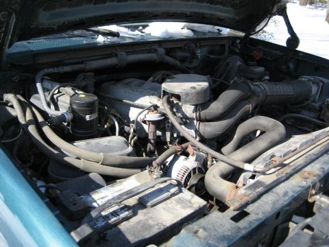1994 Ford Bronco - Engine bay of a 1994 Ford Bronco, showing hoses, alternator, and other engine components under the hood.