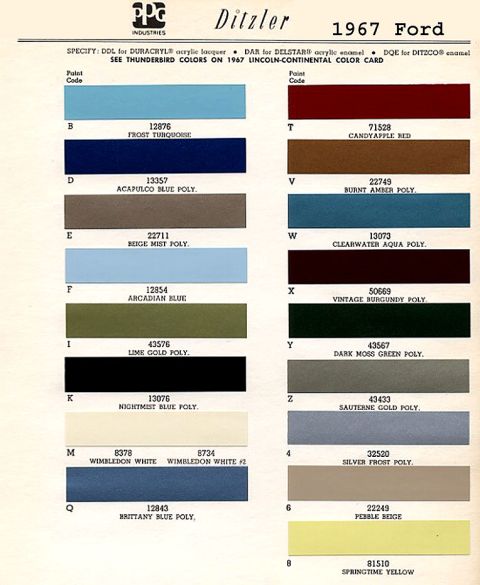 1967 Ford Ranchero - This document displays PPG Ditzler paint color options for 1967 Ford vehicles, including codes and descriptive names.