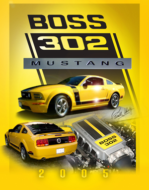 1978 Ford Mustang II - Collage of a yellow Ford Mustang Boss 302, different views and the engine.
