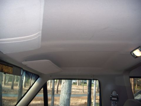 1992 Ford Bronco - Interior shot of a vehicle's headliner and sun visor, with trees seen through the window.