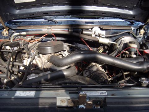 1992 Ford Bronco - Engine bay details, including hoses and the MSD sticker on the radiator support.