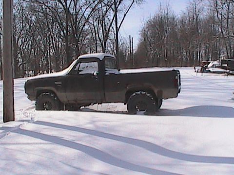 1980 Dodge Magnum - A dark pickup truck is partially buried in snow, with snow also covering its roof and windows. The vehicle appears to be a 1980 model.